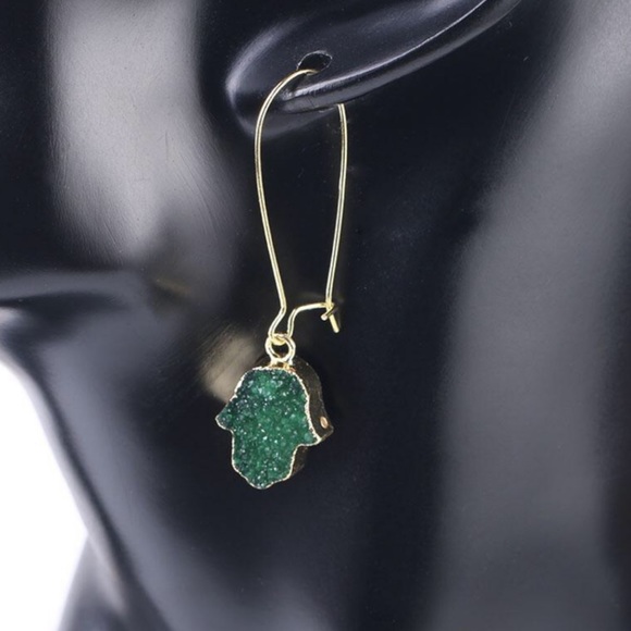 New Handmade Druzy Hamsa Hand Drop Earrings 💚 - Picture 7 of 12